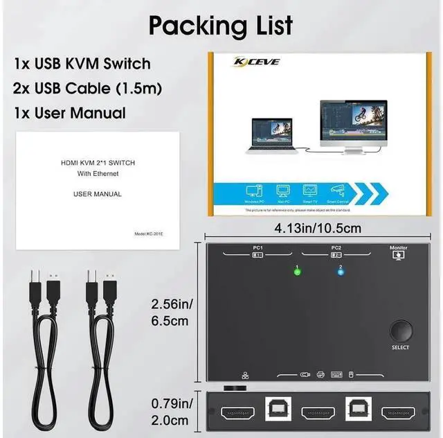 Alt view image 3 of 7 - 2 Port HDMI KVM Switch with RJ45 Ethernet Port 4K@60Hz, 2 In 1 Out KVM Switcher for 2 PCs Sharing 1 Monitor Keyboard Mouse and 3 USB Peripherals, Desktop Office Host Control Hub