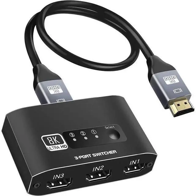Main image of Aluminum HDMI 2.1 Switch 3 in 1 Out 3x1 Selector, 8K@60Hz 4K@120Hz 48Gbps HDMI Switcher VRR HDR10+ HDCP2.3 for PS5 Xbox Laptop Apple TV Roku Samsung LG Sony TV Monitor Projector