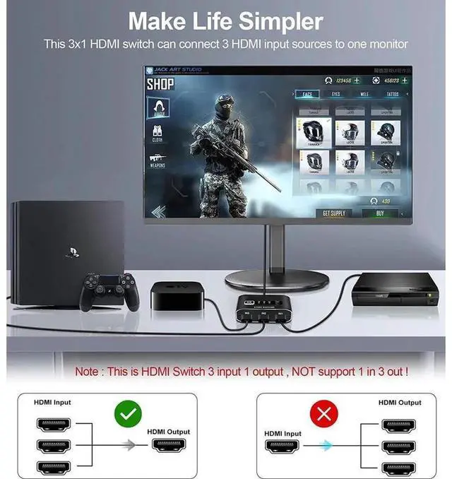 Alt view image 7 of 7 - Aluminum HDMI 2.1 Switch 3 in 1 Out 3x1 Selector, 8K@60Hz 4K@120Hz 48Gbps HDMI Switcher VRR HDR10+ HDCP2.3 for PS5 Xbox Laptop Apple TV Roku Samsung LG Sony TV Monitor Projector