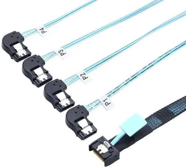 Alt view image 2 of 6 - 80CM Left Angle PCIE Slimline Mini SAS MCIO SFF-8654 38Pin to 4 SATA Hard Drive Cable, Right Angle SFF8654 to 4 SATA Converter Cord for Server SSD HDD Internal Connection