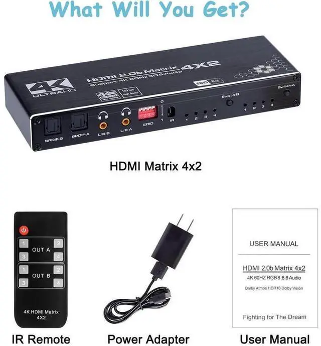 Alt view image 6 of 7 - 4 In 2 Out 4x2 HDMI Matrix Switch Splitter HDMI 2.0b 4K@60Hz HDR10 HDCP2.2, Dual SPDIF Optical & 3.5mm L/R Audio Extractor with IR Remote Control