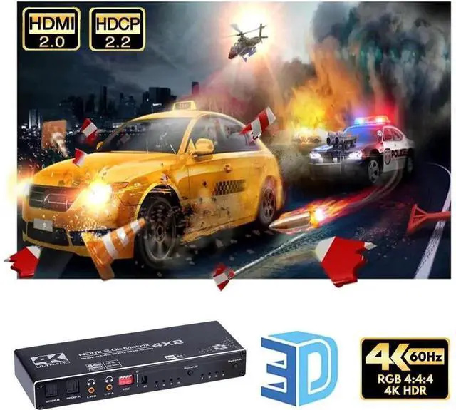 Alt view image 7 of 7 - 4 In 2 Out 4x2 HDMI Matrix Switch Splitter HDMI 2.0b 4K@60Hz HDR10 HDCP2.2, Dual SPDIF Optical & 3.5mm L/R Audio Extractor with IR Remote Control