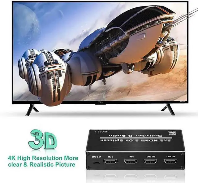 Alt view image 3 of 7 - 2x2 HDMI 2.0 Matrix Switch with Scaler & Audio Extraction, 4K@60Hz 2 In 2 Out Matrix Splitter, HDCP 2.2 Bypass, Independent Resolution Control, HDR10 3D Support for Consoles PC TV Box Monitor Projecto