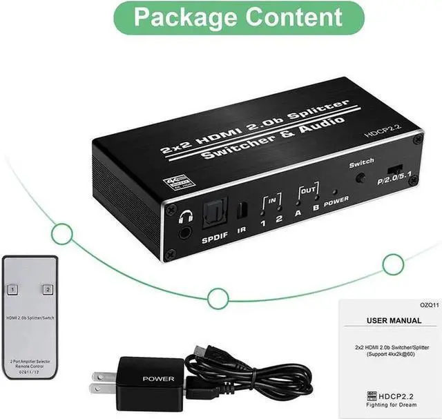 Alt view image 2 of 7 - 2x2 HDMI 2.0 Matrix Switch with Scaler & Audio Extraction, 4K@60Hz 2 In 2 Out Matrix Splitter, HDCP 2.2 Bypass, Independent Resolution Control, HDR10 3D Support for Consoles PC TV Box Monitor Projecto