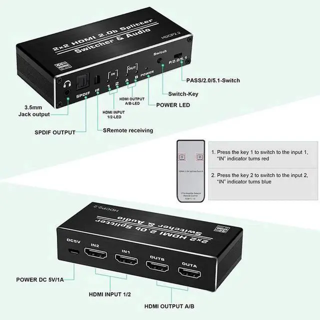 Alt view image 6 of 7 - 2x2 HDMI 2.0 Matrix Switch with Scaler & Audio Extraction, 4K@60Hz 2 In 2 Out Matrix Splitter, HDCP 2.2 Bypass, Independent Resolution Control, HDR10 3D Support for Consoles PC TV Box Monitor Projecto