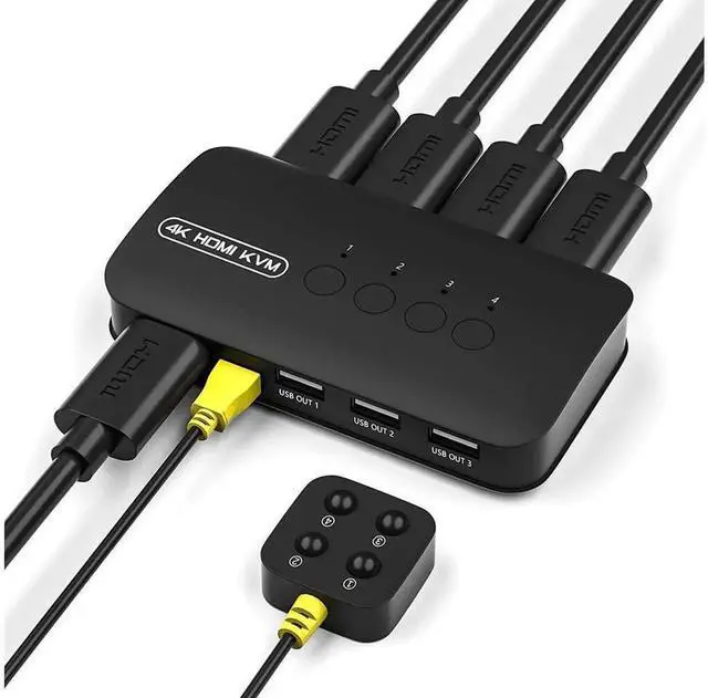 Main image of 4 Port HDMI KVM Switch 4K@30Hz with 3 USB 2.0 Ports, Share One Set Keyboard Mouse Monitor for 4 PCs, Includes 4 HDMI Cables & Desktop Controller, 4K 2K Video Resolution Supported