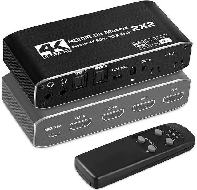 Main image of 2x2 HDMI 2.0b Matrix Switcher 4K@60Hz 2 In 2 Out with Audio Extractor, Optical L/R Analog Audio Output, IR Remote Control, Auto Scaling, HDCP 2.2, HDR 3D 18.5Gbps Bandwidth for Home Theater