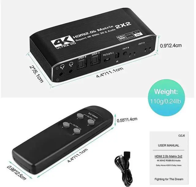 Alt view image 6 of 7 - 2x2 HDMI 2.0b Matrix Switcher 4K@60Hz 2 In 2 Out with Audio Extractor, Optical L/R Analog Audio Output, IR Remote Control, Auto Scaling, HDCP 2.2, HDR 3D 18.5Gbps Bandwidth for Home Theater