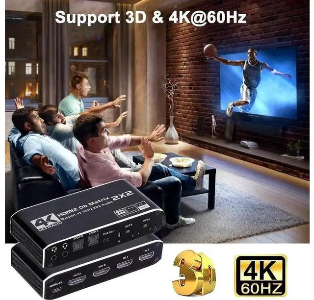 Alt view image 5 of 7 - 2x2 HDMI 2.0b Matrix Switcher 4K@60Hz 2 In 2 Out with Audio Extractor, Optical L/R Analog Audio Output, IR Remote Control, Auto Scaling, HDCP 2.2, HDR 3D 18.5Gbps Bandwidth for Home Theater