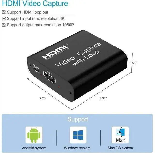 Alt view image 7 of 7 - 4K HDMI Video Capture Card with HDMI Loop Out Port, 1080P 60FPS Game Video Recorder Device for Live Streaming, Broadcast Recording, Online Video Conference Compatible with Laptop PC