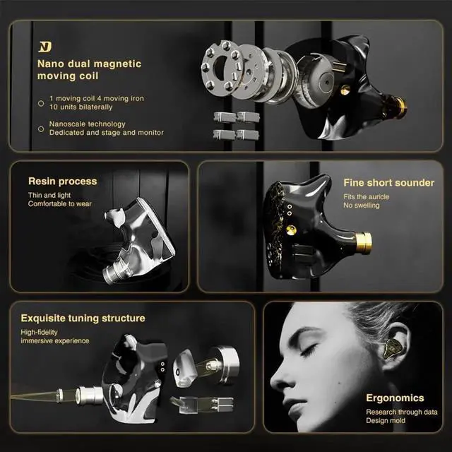 Alt view image 6 of 7 - ND001 4BA+1DD Hybrid In Ear Monitor IEM Earphones, HiFi Stereo Wired Earbuds with Powerful Deep Bass, Detachable Tangle-Free Cable & Built-in Microphone for Music Gaming Calls