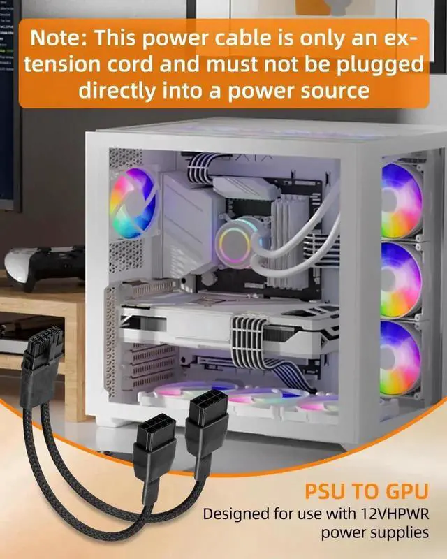 Alt view image 6 of 7 - 16AWG PCIE 5.0 12VHPWR 16Pin (12+4) GPU Power Extension Cable, Male to Dual 8Pin PCIe Female Sleeved Splitter Cord for RTX 40 50 Series Graphics Card, 0.3M / 0.98FT Length