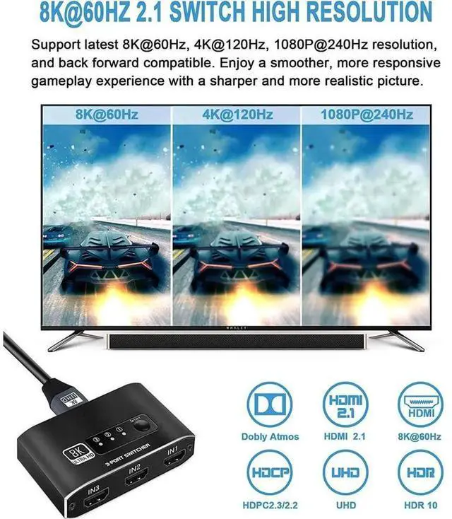 Alt view image 5 of 7 - Aluminum Alloy HDMI 2.1 Switch 3 in 1 Out, 3x1 8K@60Hz HDMI Video Switcher Selector, Support 4K@120Hz Ultra HD, Compatible with Game Consoles, Fire TV Stick and Media Playback Devices