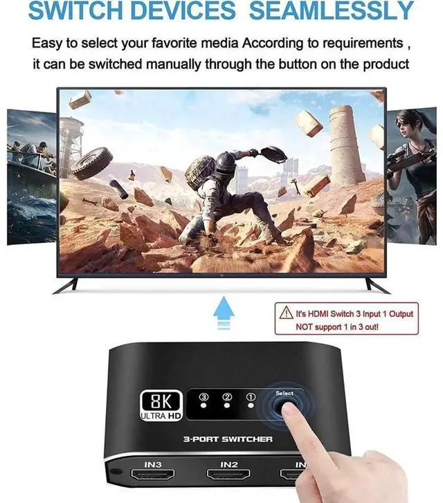 Alt view image 7 of 7 - Aluminum Alloy HDMI 2.1 Switch 3 in 1 Out, 3x1 8K@60Hz HDMI Video Switcher Selector, Support 4K@120Hz Ultra HD, Compatible with Game Consoles, Fire TV Stick and Media Playback Devices