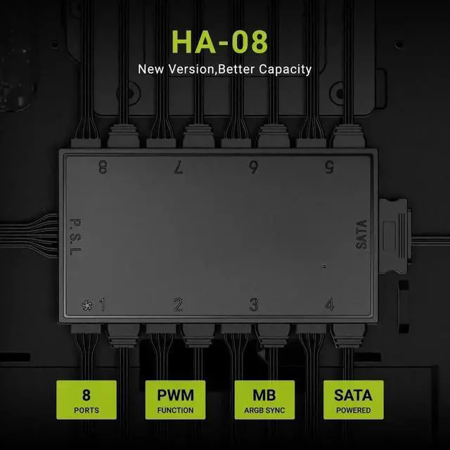 Alt view image 6 of 7 - ID-COOLING HA-08 PWM ARGB Fan Hub, 8×4Pin PWM Fan Ports & 8×5V 3Pin ARGB Ports, SATA Powered Motherboard RGB Sync Fan Speed Controller for PC Case Cooling Fans