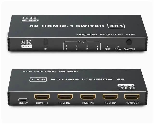Alt view image 6 of 7 - 4-Port 8K HDMI 2.1 Switch 4 in 1 Out Video Selector Box, Support 8K@60Hz, 4K@120Hz, HDR and 3D, Equipped with IR Remote Control, Compatible with Xbox Series X, PS5, Desktop PC, Projector and Media Pla