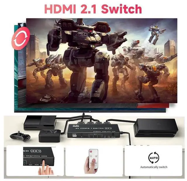 Alt view image 3 of 7 - 4-Port 8K HDMI 2.1 Switch 4 in 1 Out Video Selector Box, Support 8K@60Hz, 4K@120Hz, HDR and 3D, Equipped with IR Remote Control, Compatible with Xbox Series X, PS5, Desktop PC, Projector and Media Pla