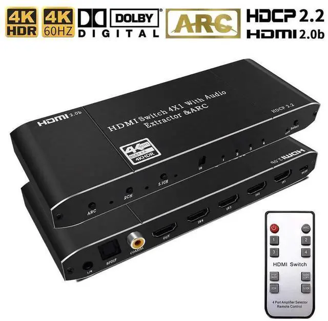 Main image of eokCXOY 4 Port 4x1 HDMI Switcher with Audio Extractor, 4K 60Hz 18Gbps HDMI Switch Box Supports HDR10, ARC, HDCP2.2, RGB 8:8:8, 3D, Equipped with IR Remote for Home Theater and Multi-Source Display Swi