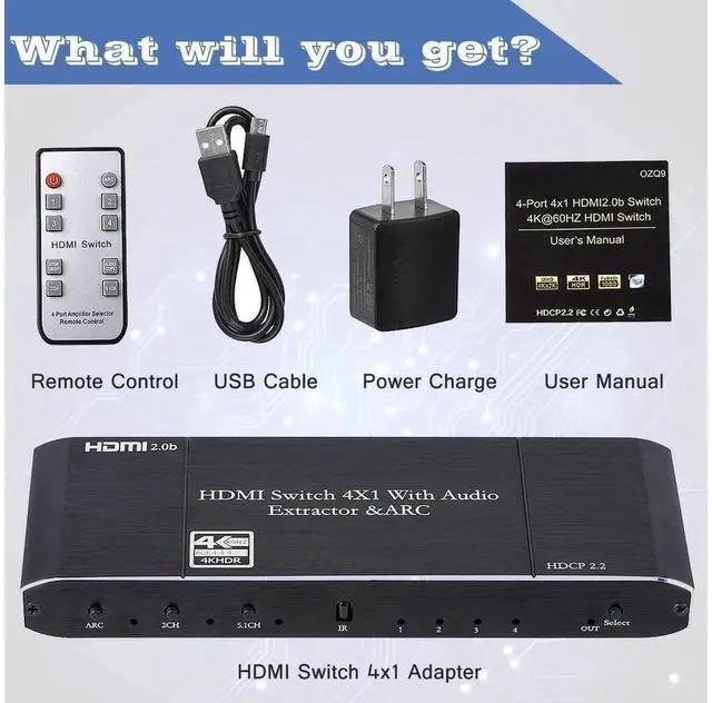 Alt view image 7 of 7 - eokCXOY 4 Port 4x1 HDMI Switcher with Audio Extractor, 4K 60Hz 18Gbps HDMI Switch Box Supports HDR10, ARC, HDCP2.2, RGB 8:8:8, 3D, Equipped with IR Remote for Home Theater and Multi-Source Display Swi