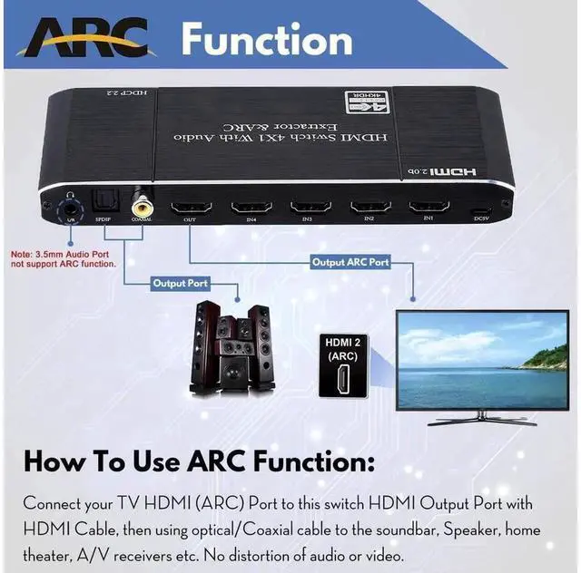 Alt view image 4 of 7 - eokCXOY 4 Port 4x1 HDMI Switcher with Audio Extractor, 4K 60Hz 18Gbps HDMI Switch Box Supports HDR10, ARC, HDCP2.2, RGB 8:8:8, 3D, Equipped with IR Remote for Home Theater and Multi-Source Display Swi