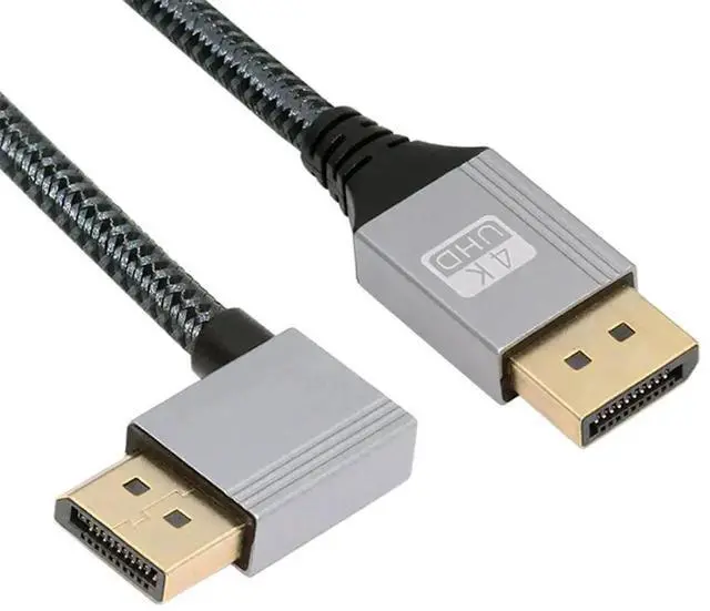 Main image of 90 Degree Left Angled DP to DP Cable 2 Meters, 4K 60Hz Ultra HD DisplayPort Cord with Silver Protective Sleeve, Right Angle Elbow DP Wire for Graphics Card, Desktop PC, Laptop and Gaming Monitor Conne