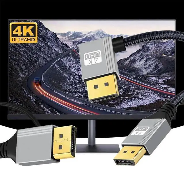 Alt view image 2 of 7 - 90 Degree Left Angled DP to DP Cable 2 Meters, 4K 60Hz Ultra HD DisplayPort Cord with Silver Protective Sleeve, Right Angle Elbow DP Wire for Graphics Card, Desktop PC, Laptop and Gaming Monitor Conne