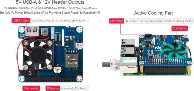Alt view image 5 of 5 - POE HAT (C) for Raspberry Pi 4B and 3B+, IEEE 802.3af/at Standard Power Over Ethernet Expansion Board, Provides 5V & 12V Dual Power Output to Drive Extra External Peripherals