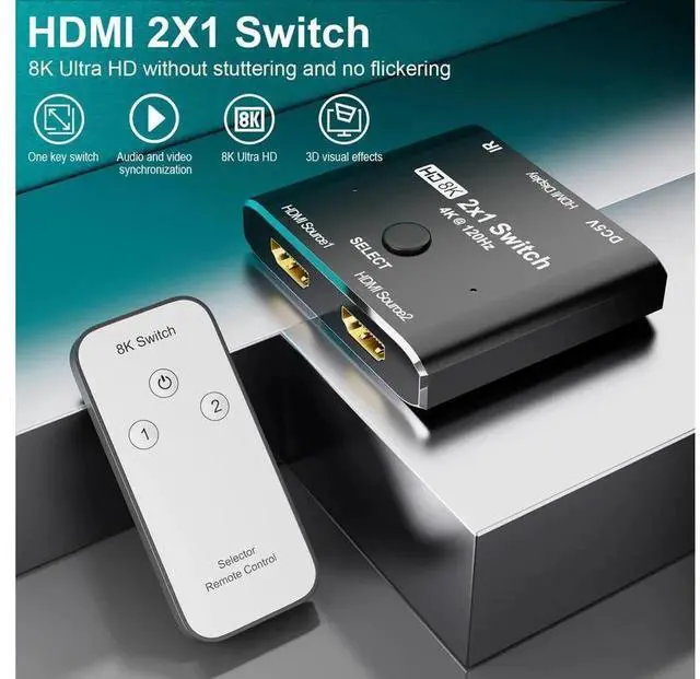Alt view image 7 of 7 - 8K@60Hz HDMI 2.1 2X1 Switch with IR Remote Control, 2 Input 1 Output HDMI Selector Splitter, Compatible with PS5, Xbox, TV Box, Laptop, Monitor and Projector