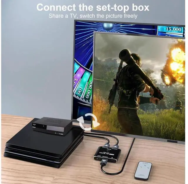 Alt view image 2 of 7 - 8K@60Hz HDMI 2.1 2X1 Switch with IR Remote Control, 2 Input 1 Output HDMI Selector Splitter, Compatible with PS5, Xbox, TV Box, Laptop, Monitor and Projector