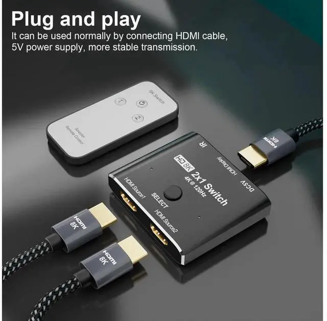 Alt view image 6 of 7 - 8K@60Hz HDMI 2.1 2X1 Switch with IR Remote Control, 2 Input 1 Output HDMI Selector Splitter, Compatible with PS5, Xbox, TV Box, Laptop, Monitor and Projector