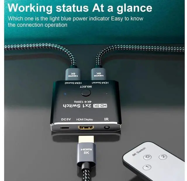 Alt view image 5 of 7 - 8K@60Hz HDMI 2.1 2X1 Switch with IR Remote Control, 2 Input 1 Output HDMI Selector Splitter, Compatible with PS5, Xbox, TV Box, Laptop, Monitor and Projector