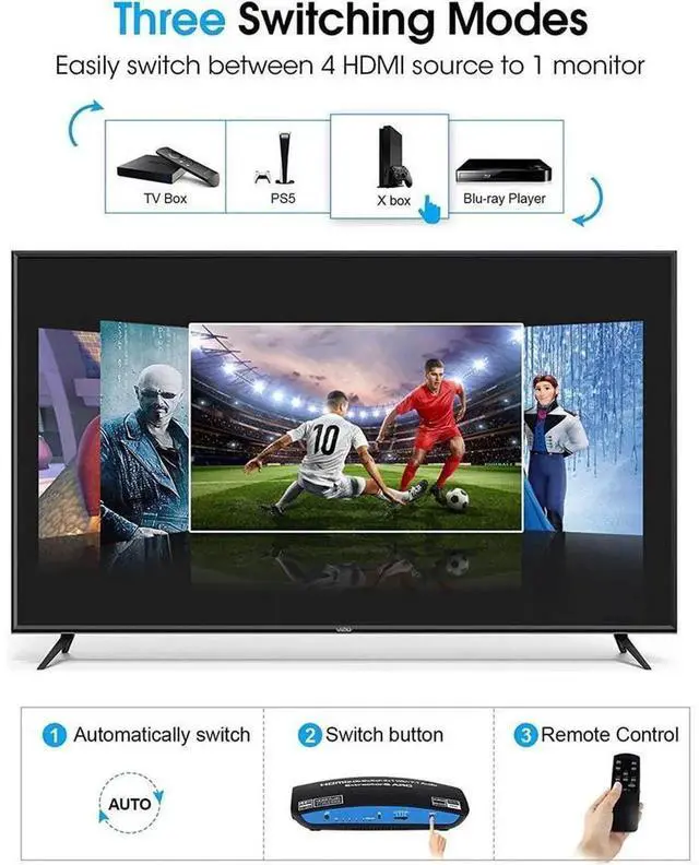 Alt view image 3 of 7 - 4K@60Hz HDMI 2.0b 4x1 Switch with IR Remote Control, 4 In 1 Out HDMI Selector Box with 7.1 Atmos Audio Extractor, Supports Optical 5.1CH and 3.5mm Jack Audio Output for Game Consoles PC Blu-ray Player