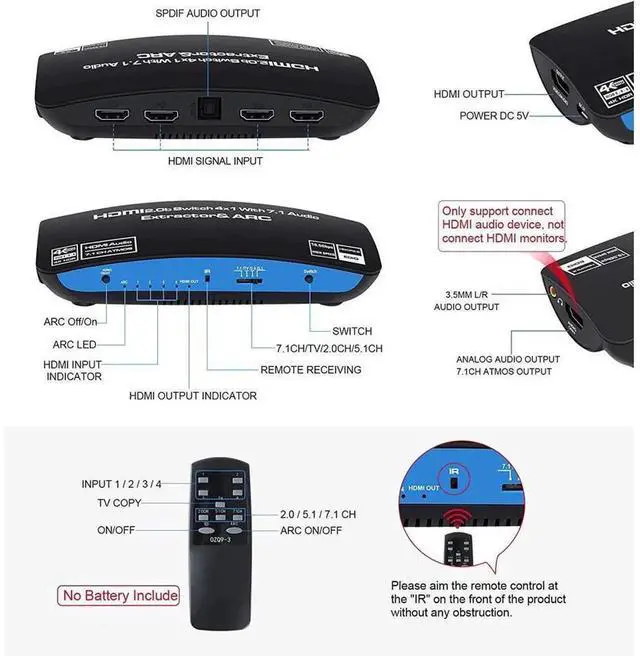 Alt view image 7 of 7 - 4K@60Hz HDMI 2.0b 4x1 Switch with IR Remote Control, 4 In 1 Out HDMI Selector Box with 7.1 Atmos Audio Extractor, Supports Optical 5.1CH and 3.5mm Jack Audio Output for Game Consoles PC Blu-ray Player