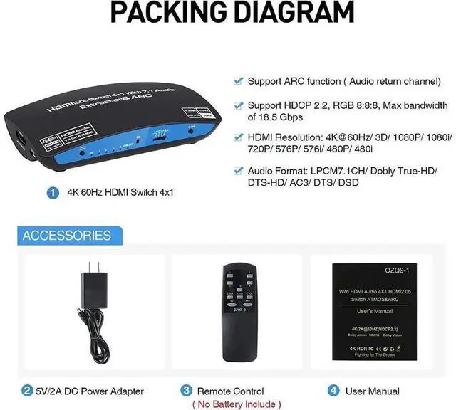 Alt view image 6 of 7 - 4K@60Hz HDMI 2.0b 4x1 Switch with IR Remote Control, 4 In 1 Out HDMI Selector Box with 7.1 Atmos Audio Extractor, Supports Optical 5.1CH and 3.5mm Jack Audio Output for Game Consoles PC Blu-ray Player