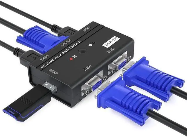 Main image of 2 Port USB VGA KVM Switch with Attached Cables and 3 Built-in USB Hubs, 260KL 1080P VGA KVM Switcher for 2 PCs Sharing One Monitor, Keyboard, Mouse, USB Flash Drive and Printer