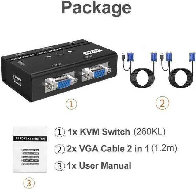 Alt view image 4 of 6 - 2 Port USB VGA KVM Switch with Attached Cables and 3 Built-in USB Hubs, 260KL 1080P VGA KVM Switcher for 2 PCs Sharing One Monitor, Keyboard, Mouse, USB Flash Drive and Printer