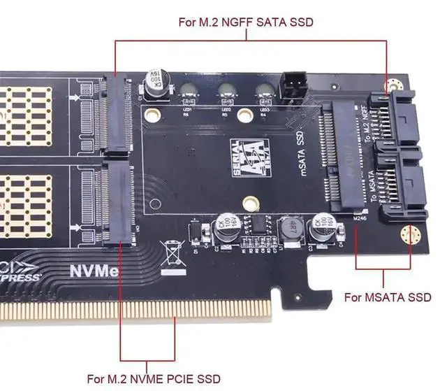 Alt view image 3 of 7 - 3 in 1 PCI-E 3.0 SSD Adapter Card, PCI Express 3.0 & Dual SATA to NGFF NVME M-Key, B/M-Key M.2 and MSATA SSD Converter Expansion Card for Desktop PC Storage Upgrade