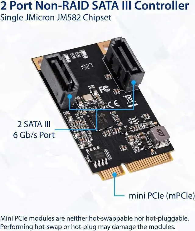 Alt view image 2 of 4 - SI-MPE40150 M.2 22x42 M-Key PCIe to 2 Port SATA III Expansion Card with Jmicro JMB582 Chipset, 6Gbps SATA 3.0 Storage Adapter for Desktop PC, NAS and Industrial Host Storage Expansion
