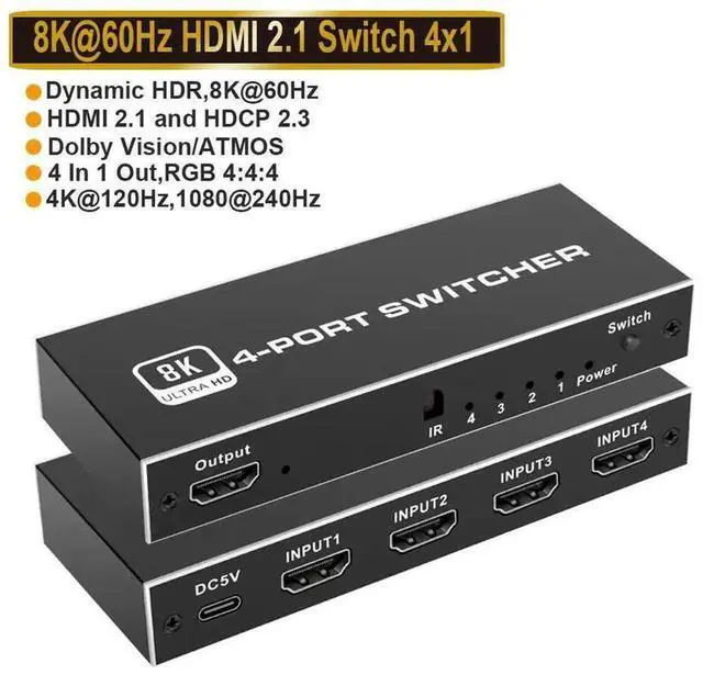 Main image of 4 In 1 Out HDMI 2.1 8K Switch with IR Remote Control, 48Gbps Bandwidth HDMI Switcher Supports 8K@60Hz, 4K@120Hz & 4K@60Hz, Compatible with PS5, PS4, Xbox Series, Nintendo Switch and Fire TV Stick