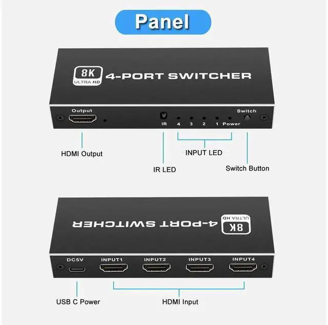 Alt view image 6 of 7 - 4 In 1 Out HDMI 2.1 8K Switch with IR Remote Control, 48Gbps Bandwidth HDMI Switcher Supports 8K@60Hz, 4K@120Hz & 4K@60Hz, Compatible with PS5, PS4, Xbox Series, Nintendo Switch and Fire TV Stick