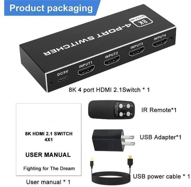 Alt view image 3 of 7 - 4 In 1 Out HDMI 2.1 8K Switch with IR Remote Control, 48Gbps Bandwidth HDMI Switcher Supports 8K@60Hz, 4K@120Hz & 4K@60Hz, Compatible with PS5, PS4, Xbox Series, Nintendo Switch and Fire TV Stick