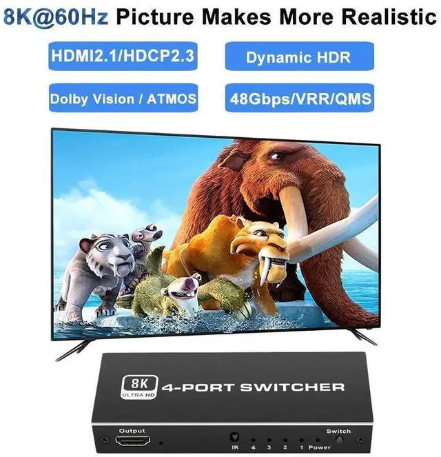 Alt view image 2 of 7 - 4 In 1 Out HDMI 2.1 8K Switch with IR Remote Control, 48Gbps Bandwidth HDMI Switcher Supports 8K@60Hz, 4K@120Hz & 4K@60Hz, Compatible with PS5, PS4, Xbox Series, Nintendo Switch and Fire TV Stick