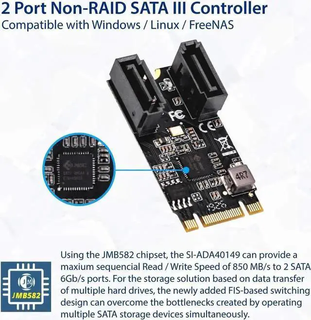 Alt view image 4 of 4 - SI-ADA40149 M.2 B+M Key 2242 to 2-Port SATA III Expansion Card with Jmicro JMB582 Chip, PCIe M.2 to Dual SATA 3.0 6Gbps Adapter for PC Mini Host NAS Storage Expansion