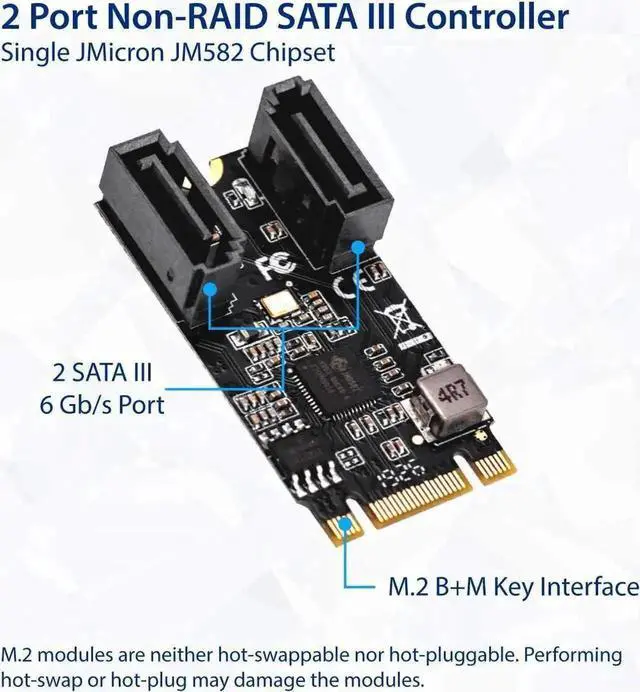 Alt view image 3 of 4 - SI-ADA40149 M.2 B+M Key 2242 to 2-Port SATA III Expansion Card with Jmicro JMB582 Chip, PCIe M.2 to Dual SATA 3.0 6Gbps Adapter for PC Mini Host NAS Storage Expansion