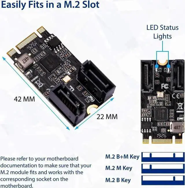 Alt view image 2 of 4 - SI-ADA40149 M.2 B+M Key 2242 to 2-Port SATA III Expansion Card with Jmicro JMB582 Chip, PCIe M.2 to Dual SATA 3.0 6Gbps Adapter for PC Mini Host NAS Storage Expansion