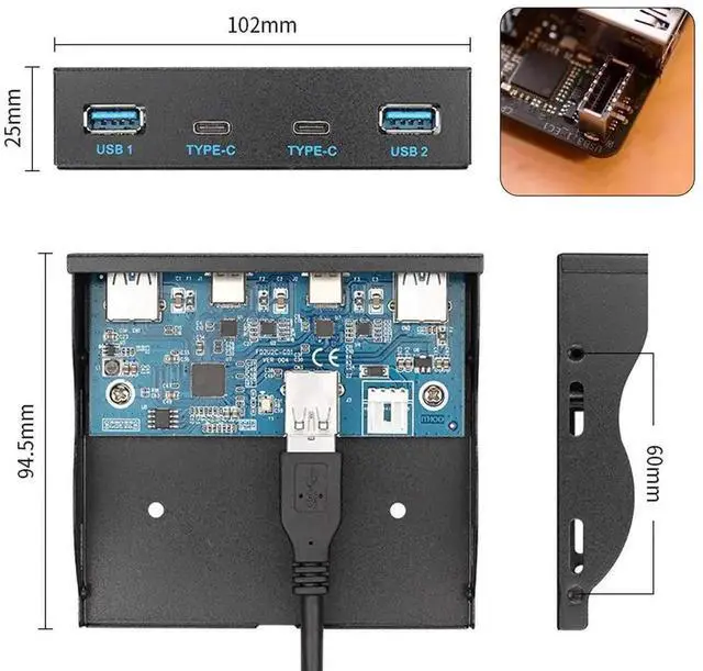 Alt view image 3 of 7 - 3.5 Inch Floppy Bay Front Panel USB Hub Adapter Cable Internal Motherboard USB 3.1 19Pin Header to Type-C + 4-Port USB 3.0 Expansion Dock for PC Chassis Drive Bay Modification Upgrade