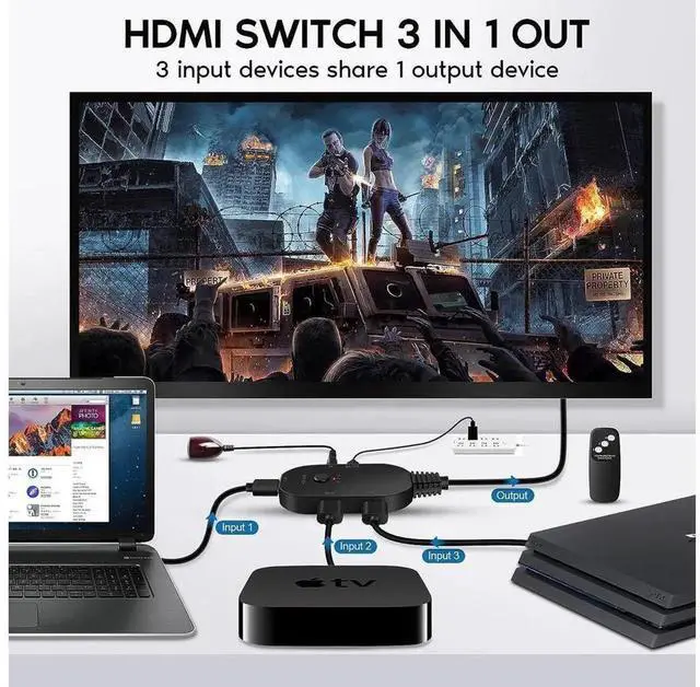 Alt view image 2 of 7 - 3 in 1 Out HDMI 2.1 Switch, 8K@60Hz 4K@120Hz 48Gbps HDMI Switcher, Support VRR HDCP 2.3 HDR10 Dolby Vision, Compatible with PS5 Xbox Roku Apple TV Fire Stick SkyQ eokCXOY