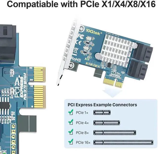 Alt view image 2 of 4 - 4 Port PCIe X1 SATA 3.0 Expansion Card 6Gbps Controller Adapter with 4 SATA Cables & Low Profile Bracket, Connect Up to 4 SATA SSD HDD Optical Drives for Desktop PC Storage Upgrade