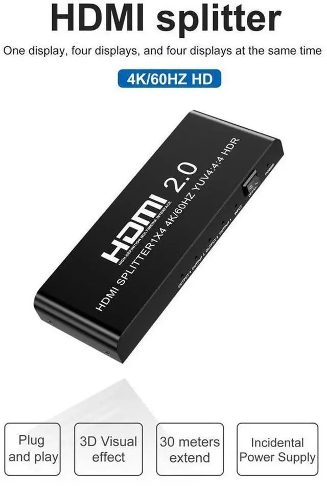 Alt view image 7 of 7 - 1 in 4 Out HDMI 2.0 Splitter 4K@60Hz with 3.5mm & Optical SPDIF Toslink Audio Extractor, Powered HDMI Splitter Simultaneously Drive 4 Displays for PS4 Xbox Blu-ray Player Laptop HDTV eokCXOY