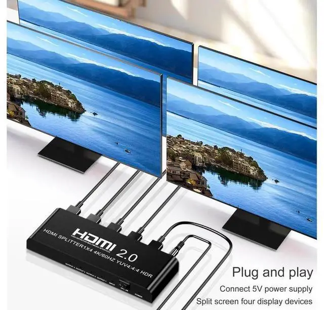 Alt view image 2 of 7 - 1 in 4 Out HDMI 2.0 Splitter 4K@60Hz with 3.5mm & Optical SPDIF Toslink Audio Extractor, Powered HDMI Splitter Simultaneously Drive 4 Displays for PS4 Xbox Blu-ray Player Laptop HDTV eokCXOY